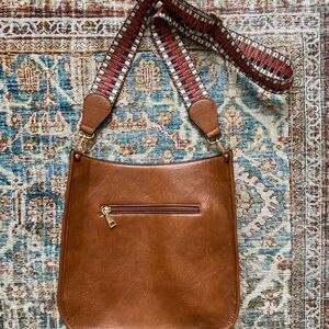 Brown Crossbody Bag with Patterned Strap